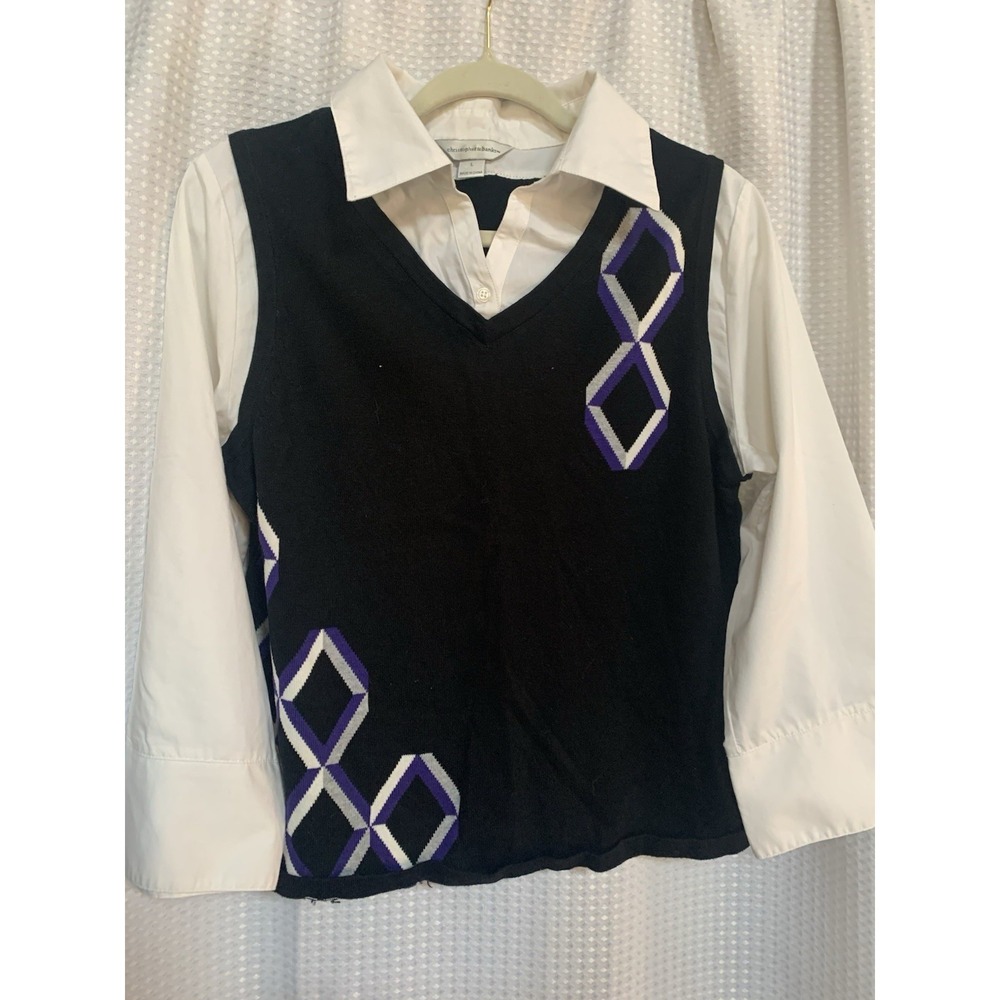 Christopher & Banks Women‎ Large Pullover Top Black With Faux White Shirt